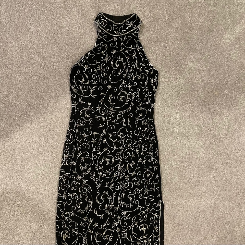 Cache Beaded Sleeveless Halter Gown Black Silver